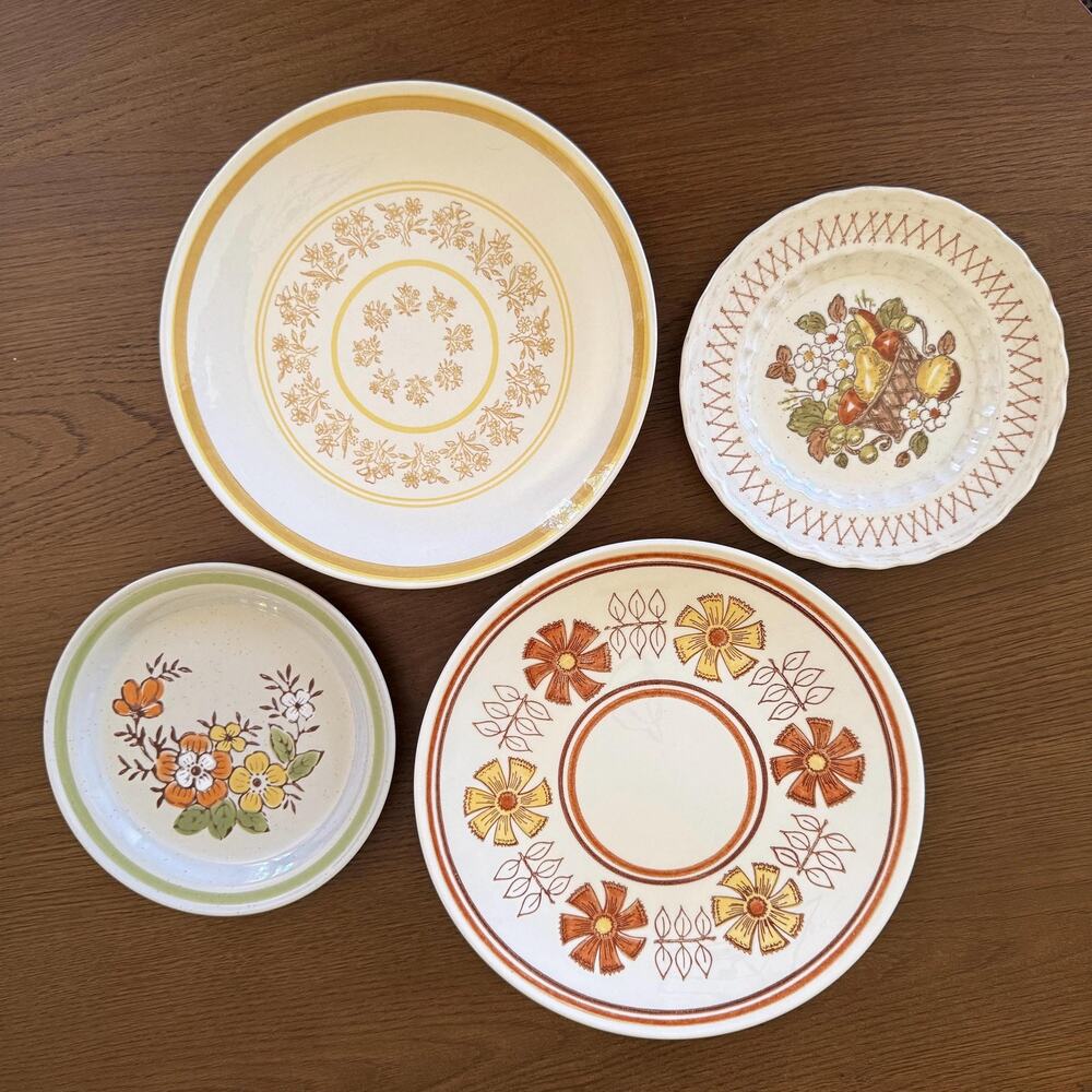 Eclectic Vintage Floral Plates Set – Brown & Yellow Dinnerware Mix & Match